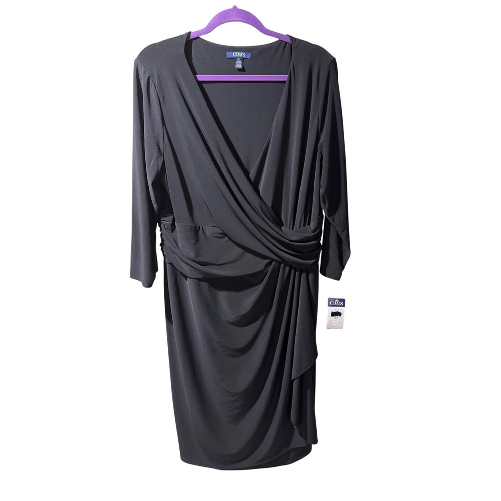 Chaps New Black Faux Wrap Stretch Midi Dress 18W V-Neck Long Sleeve Draped Waist